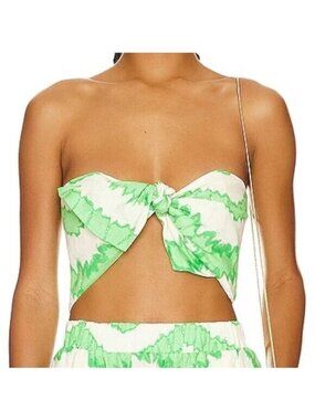 NWT RHODE TONI WHITE & GREEN  LINEN BANDEAU TOP IN WATERCOLOR ZIG ZAG PRINT XL